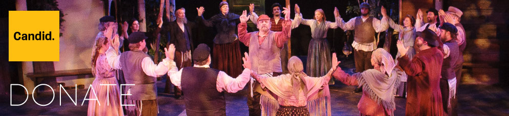 Donate banner with a scene from Elizabeth Rex (2004) featuring Sally Edmundson as the Queen and Stephen Moorer as Ned