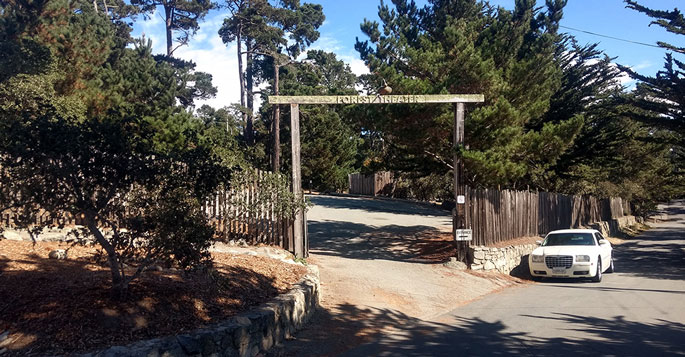 Street view of the main gate of the Outdoor Forest Theater at Mountain View Avenue and Santa Rita Street