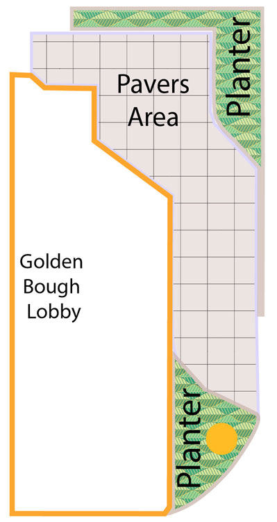 Map of the paver area beside the Golden Bough lobby, between two planters