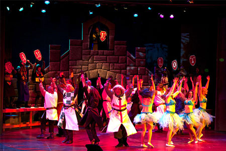 The cast of Spamalot (2013) on the Golden Bough stage