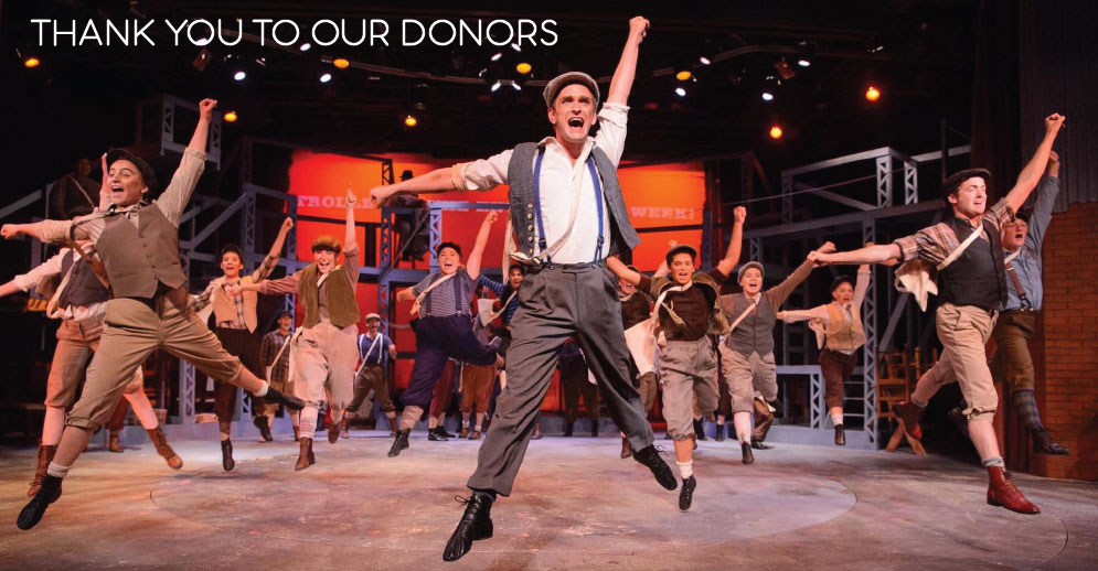 Thank you to our donors: the cast of a PacRep musical leaping on stage